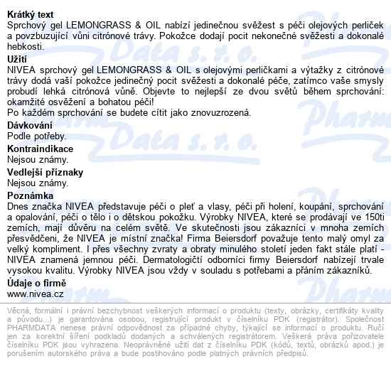 Nivea Lemongrass&oil Sprchový Gel 250ml 81067 - popis