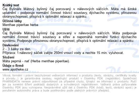 čaj Bylináře Mátový 40x1.6g - popis