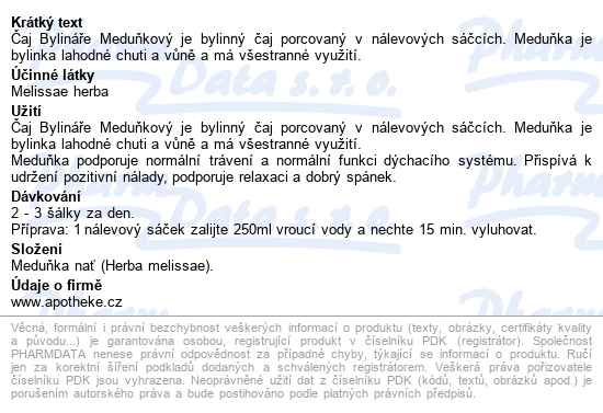 čaj Bylináře Meduňkový 40x1.6g - popis