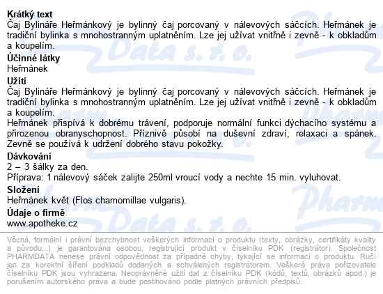 čaj Bylináře Heřmánkový 40x1.6g - popis