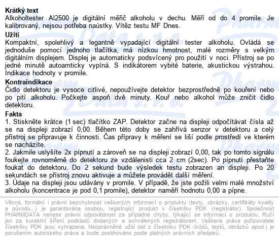 Tester Alkoholu Digitální Al 2500 - popis