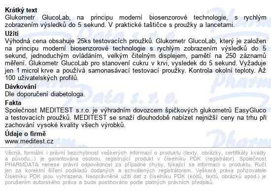 Glucolab Auto-coding glukometr,aut.kódování,inzul. režim, set,25ks prou - popis