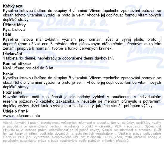 Medpharma Kyselina Listová 800mcg Tbl.107 - popis