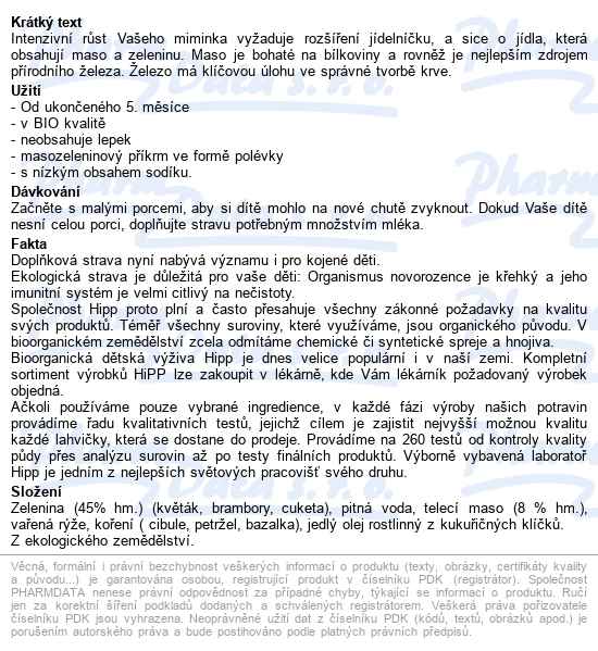 Hipp Zeleninová Polévka S Telecím M.bio 6m 190g - popis