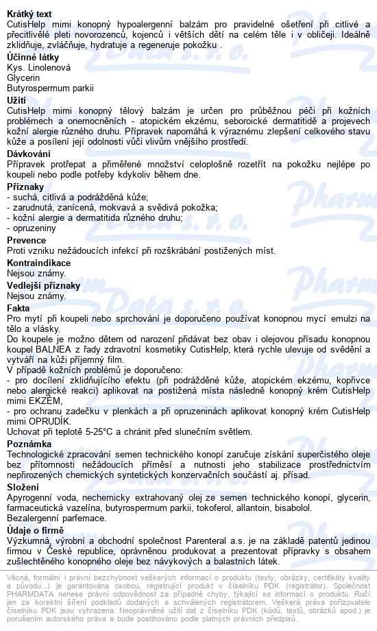 Cutishelp Konopný Tělový Balzám Dětský 200ml - popis