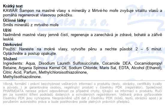 Kawar šampon Na Mastné Vl.s Miner.z Mrtv.moře400ml - popis