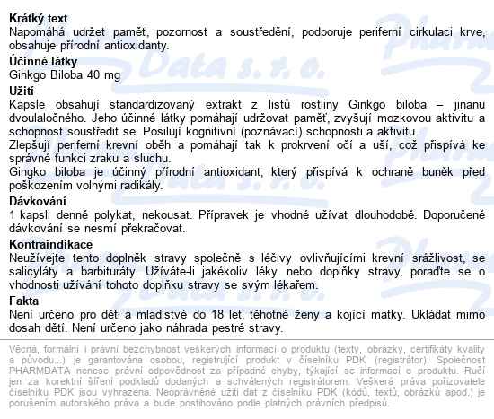 Ginkgo Biloba 40mg Cps.60 - popis