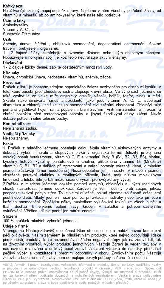 Nástroje Zdraví Mladý Ječmen Bio 200g - popis
