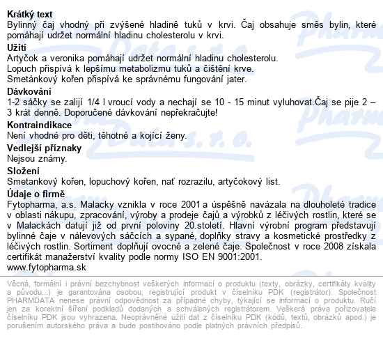 Bylinný čaj Na Cholesterol 20x1.25g Fytopharma - popis