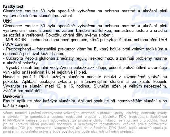 Avene Cleanance Sun Sluneční Ochrana Spf30 50ml - popis