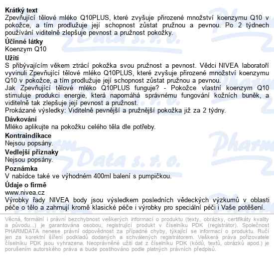 Nivea Q10 Zpevňující Tělové Mléko 200ml 81835 - popis