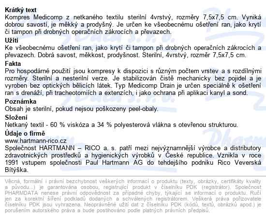 Kompresy Medicomp Sterilní 7,5x7,5cm,netkaný textil,25x2ks - popis