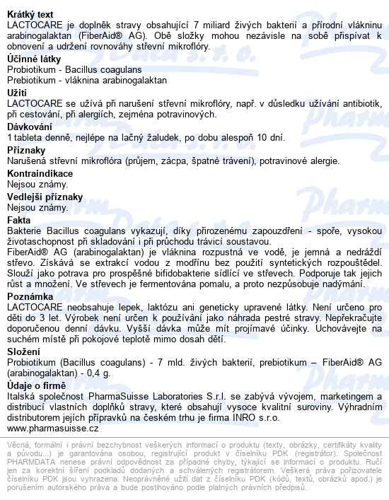 Lactocare Pharmasuisse Tbl.20 - popis