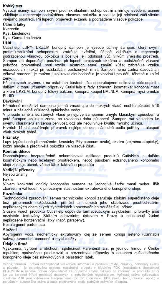 Cutishelp Lupy-ekzém Konopný šampon 200ml - popis