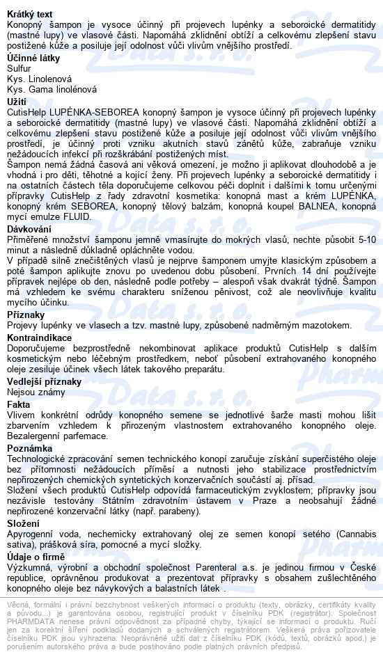 Cutishelp Lupénka-seborea Konopný šampon 200ml - popis