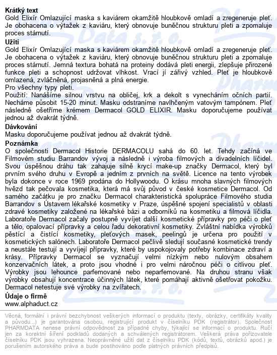 Dermacol Gold Elixír Omlaz.kaviár.maska 2x8g - popis