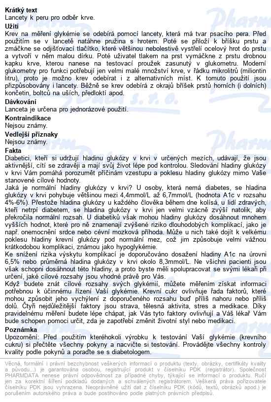 Lanceta Pro Odběr Krve jednorázová,100ks v bal. - popis