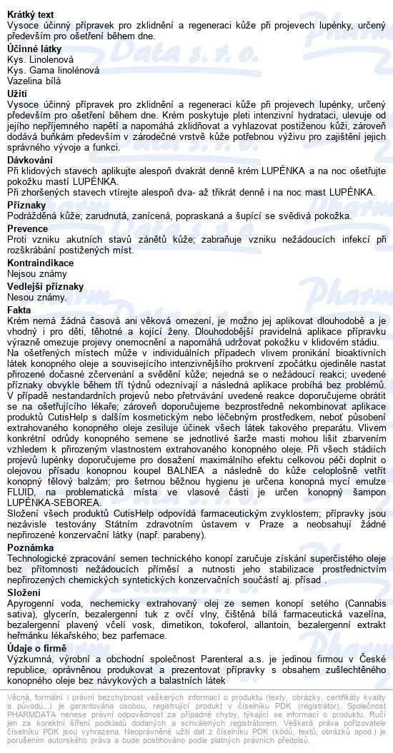 Cutishelp Lupénka Konopný Krém 100ml - popis