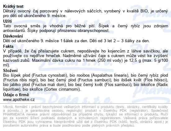 Apotheke Dětský Ovocný čaj Běžné Pití Bio 20x2g - popis