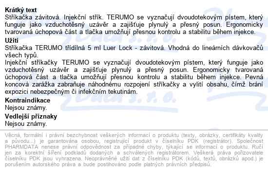 Inj.stř.terumo Třídílná 5ml Luer Lock 100ks - popis