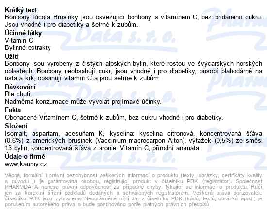 Ricola Brusinky Bez Cukru 40g - popis