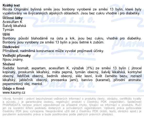 Ricola Bylinný Originál Bez Cukru 40g - popis