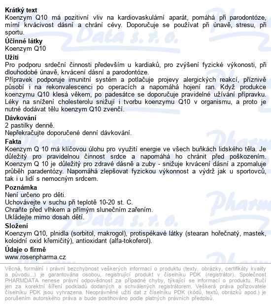 Rosen Koenzym Q10 30mg Pastilky 15ks - popis
