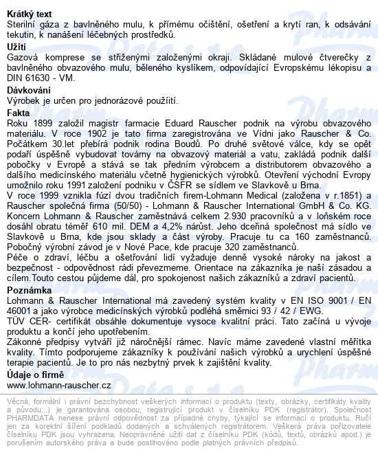 Gáza Hydrofilní Skládaná Kompresy Sterilní 7,5x7,5cm,8 vrstev,100ks - popis