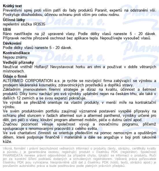 Paranit Preventivní Sprej Proti Vším 100ml - popis