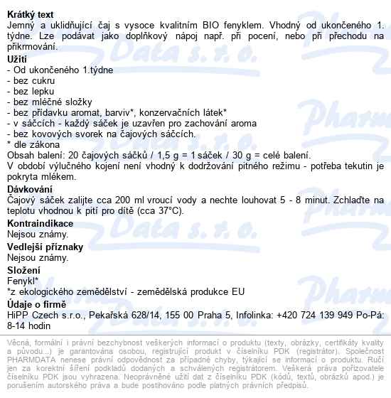 Hipp Fenyklový čaj Bio 20x1.5g - popis