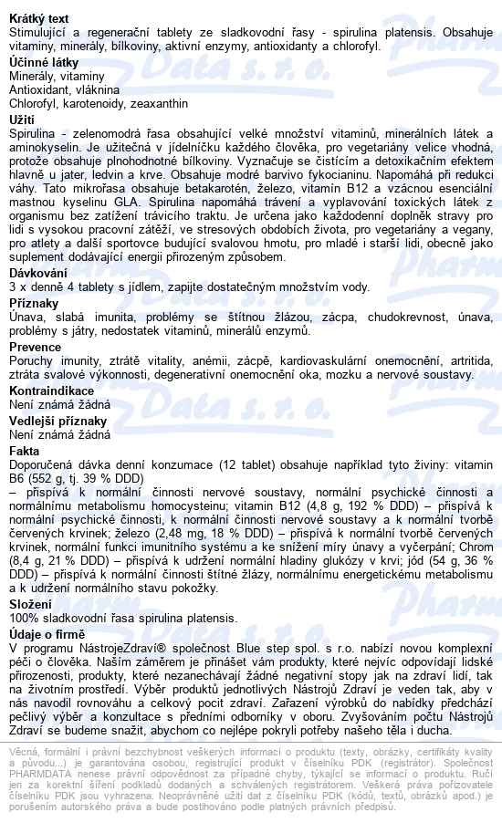 Nástroje Zdraví Spirulina Bio Tbl.1200 - popis