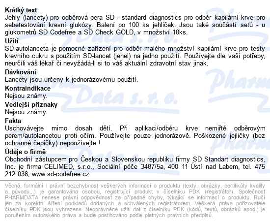 Lancety Sd inz.režim,jednorázová jehla/lanceta pro odběr kapi - popis
