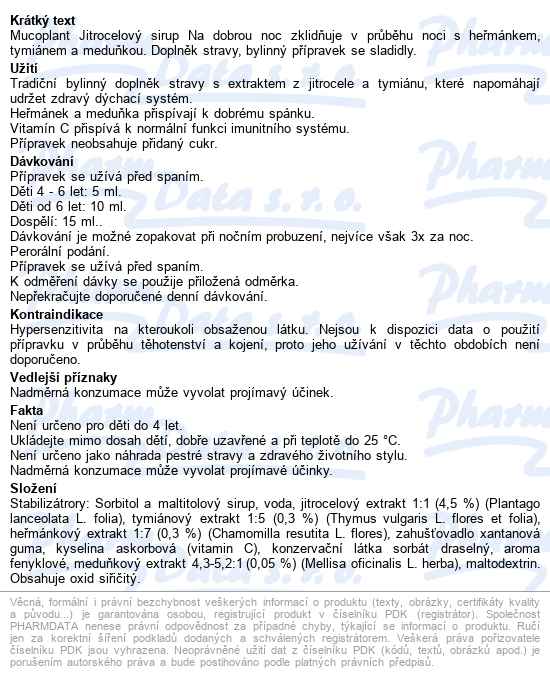 Mucoplant Jitrocelový Roztok Na Dobrou Noc 250ml - popis