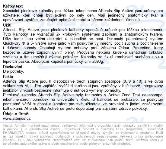 Kalhotky Absorpční Attends Slip Active 10 Medium boky 80-110cm,2890ml,28ks - popis