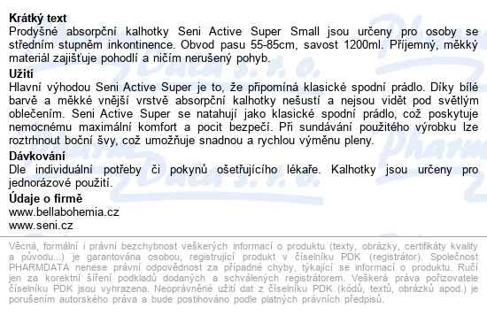 Seni Active Super Small kalhotky absorpční natahovací, boky 55-85cm,prodyš - popis