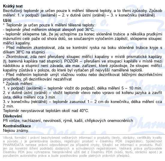 Teploměr Lék. Skleněný Sklepávací Pouzdro Exatherm - popis