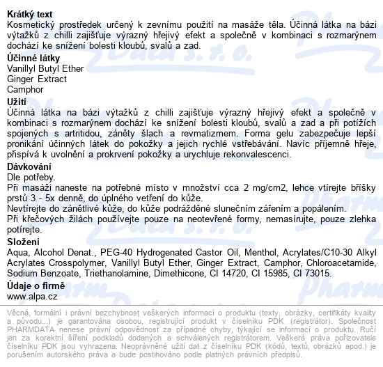 Alpa Koňský Balzám Hřejivý 250ml - popis