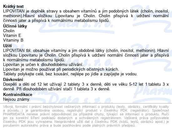 Lipovitan Tbl.180+30 Zdarma - popis