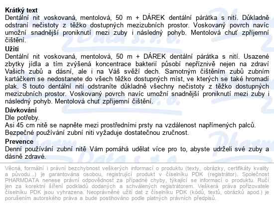 Mattes Dentální Nit Voskovaná Mentolová 50m - popis