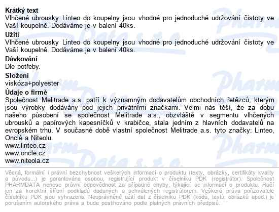 Vlhčené Ubrousky Linteo Do Koupelny 40ks - popis