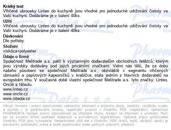 Vlhčené Ubrousky Linteo Do Kuchyně 40ks - popis