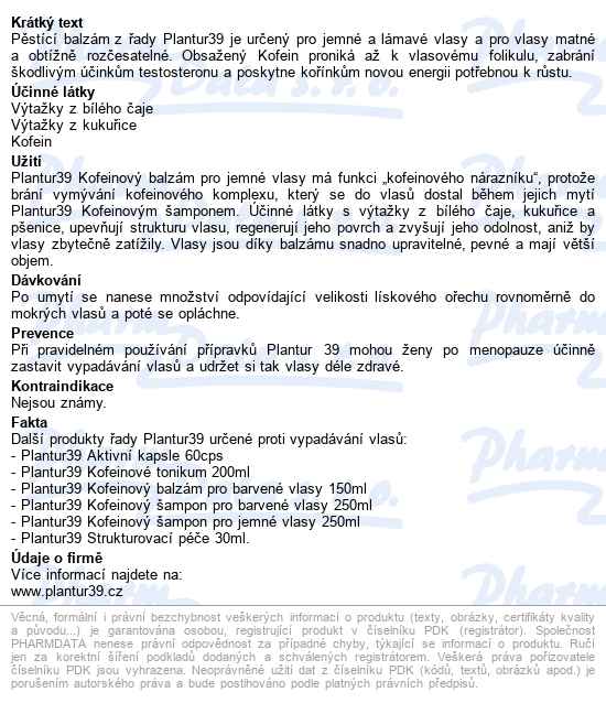 Plantur39 Kofeinový Balzám Pro Jemné Vlasy 150ml - popis