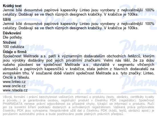 Papírové Kapesníky Linteo 2-vrstvé Bílé 100ks - popis