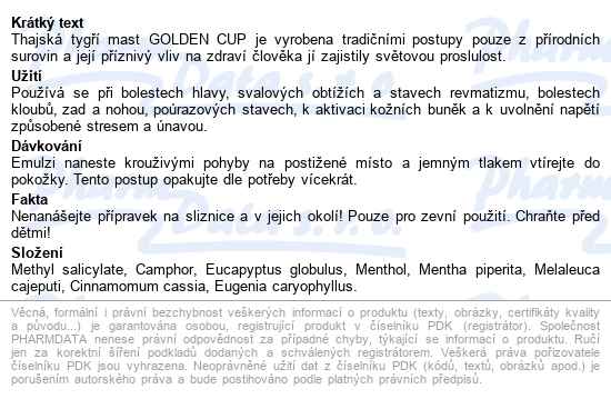 Golden Cup Balm Thajská Tygří Mast 22g - popis