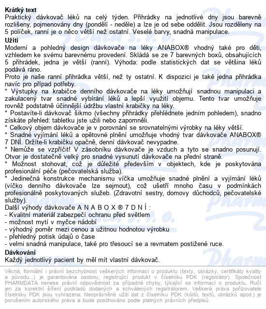 Dávkovač Na Léky Anabox 7 Dní Duha - popis