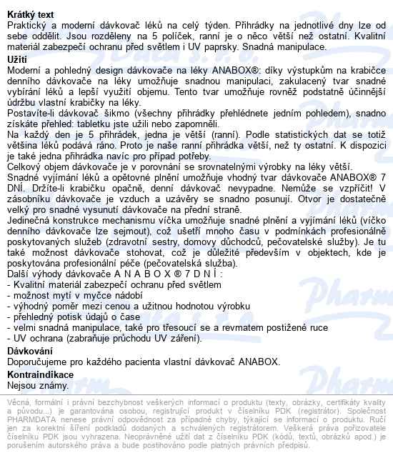 Dávkovač Na Léky Anabox 7 Dní Azurový - popis