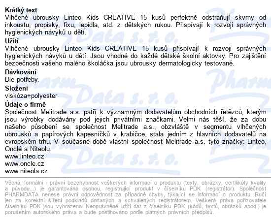 Vlhčené Ubrousky Linteo Kids Creative 15ks - popis