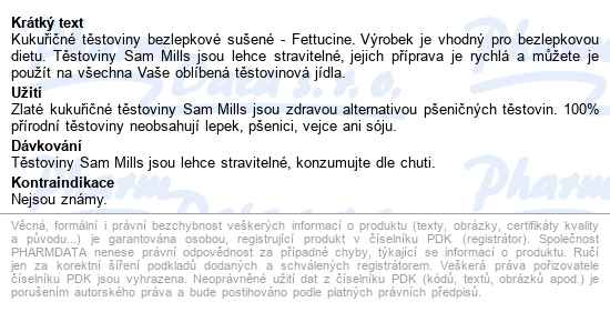 Sammills Bezlepkové Kukuřičné Fettucine 500g - popis