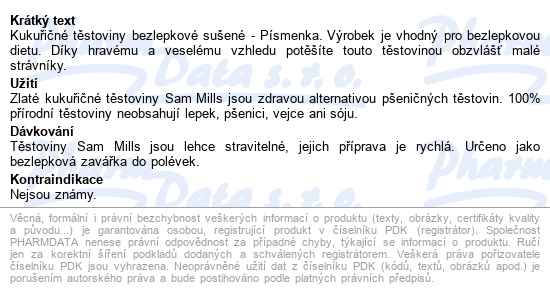 Sammills Bezlepkové Kukuřičné Písmenka 300g - popis