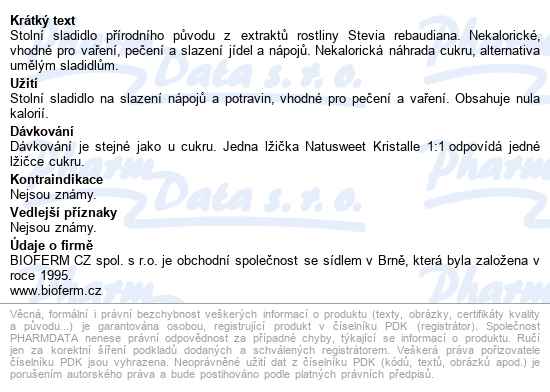 Natusweet Stevia Kristalle 1:1 400g - popis